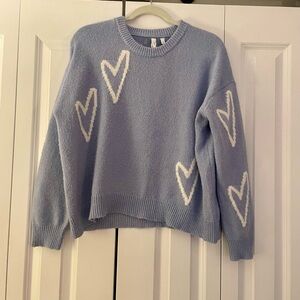 Elan Light Blue Crewneck Sweater with White Heart Motif